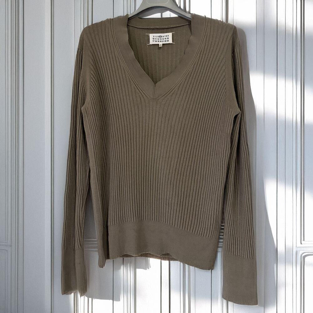 Maison Margiela 100% Wool Ribbed V-Neck Knit Sweater Gray Khaki XL SS16